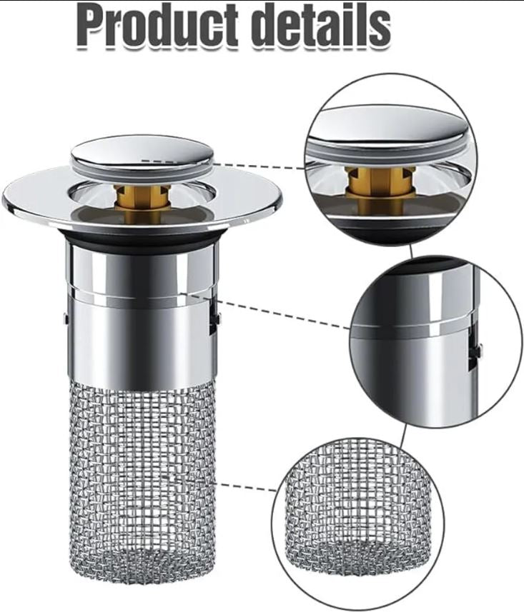 2-Piece Set Washbasin Stopper with Hair Catcher, Stainless Steel Pop-up Drain Filter with Removable Filter Basket