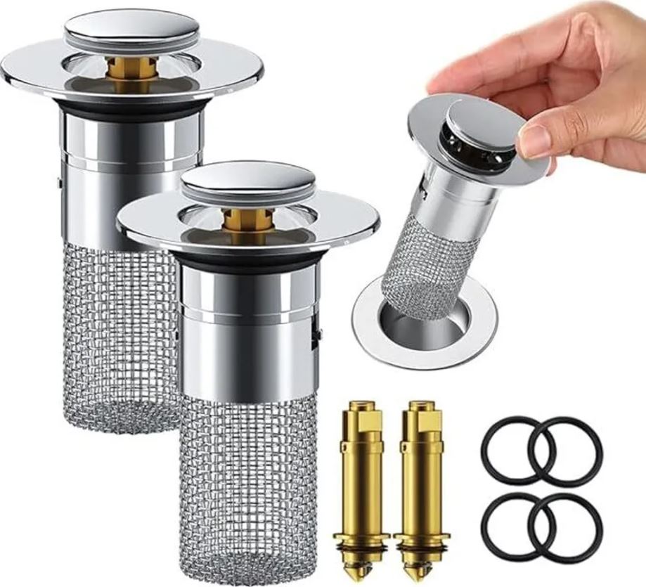 2-Piece Set Washbasin Stopper with Hair Catcher, Stainless Steel Pop-up Drain Filter with Removable Filter Basket