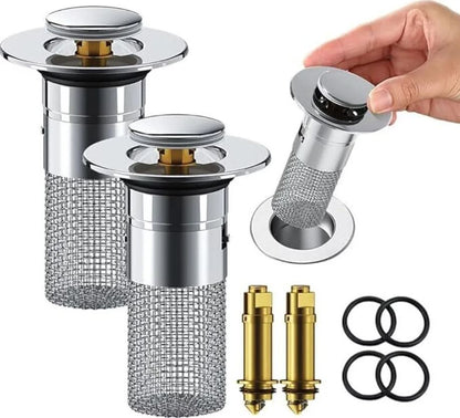 2-Piece Set Washbasin Stopper with Hair Catcher, Stainless Steel Pop-up Drain Filter with Removable Filter Basket