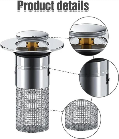 2-Piece Set Washbasin Stopper with Hair Catcher, Stainless Steel Pop-up Drain Filter with Removable Filter Basket
