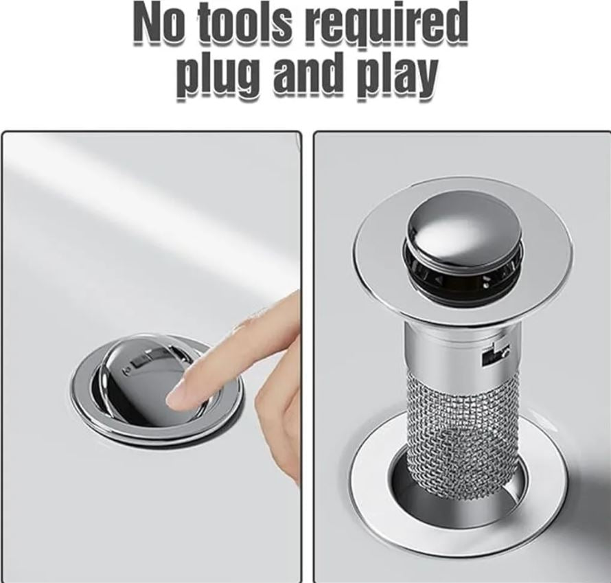2-Piece Set Washbasin Stopper with Hair Catcher, Stainless Steel Pop-up Drain Filter with Removable Filter Basket