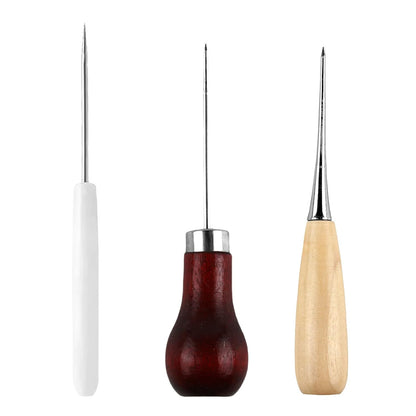 Set of 3 awls with wooden handle, leather hole punch, leather sewing tools