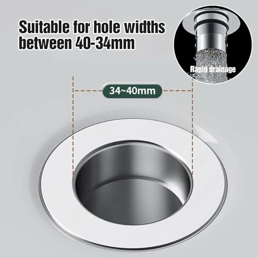 2-Piece Set Washbasin Stopper with Hair Catcher, Stainless Steel Pop-up Drain Filter with Removable Filter Basket