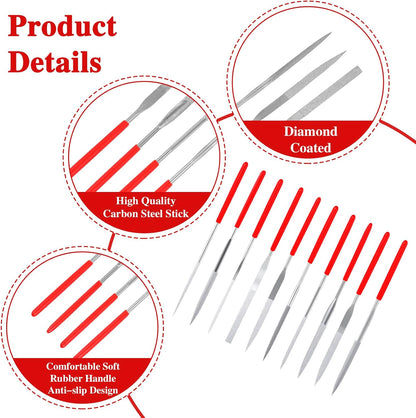 Set of mini diamond files, 10 pieces, 3 mm x 140 mm, small diamond files, mini metal files, tools for precise metalworking