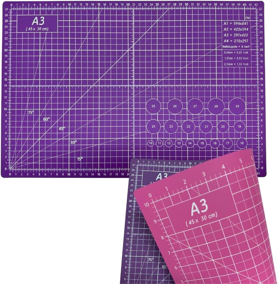 Professional Cutting Mat A3 Pink and Lilac Perfect for Patchwork, Sewing and Crafts Self-Healing 45x30 cm