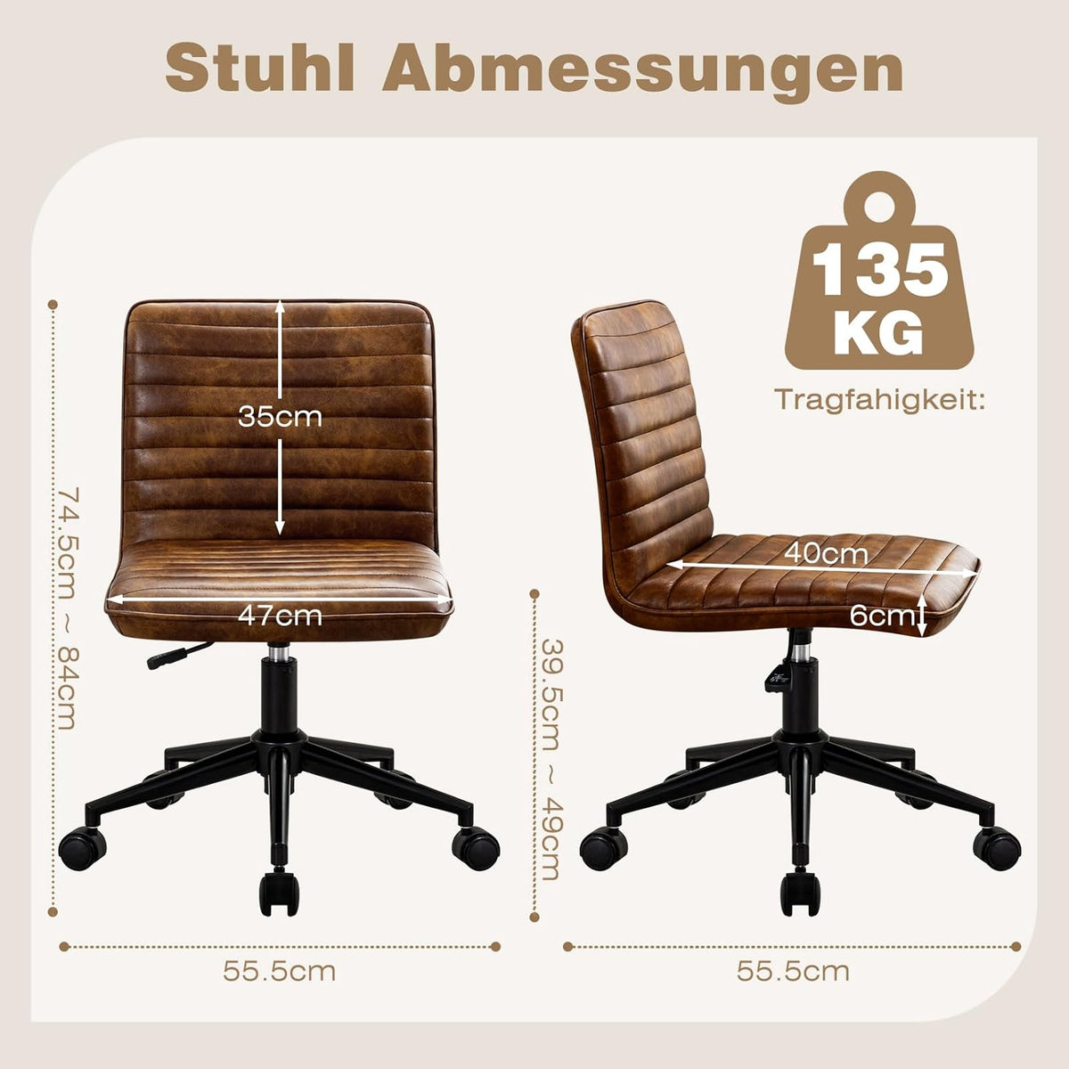 Office Chair Desk Chair Ergonomic PU Leather Swivel Chair without Armrests Height-Adjustable Home Office Chair