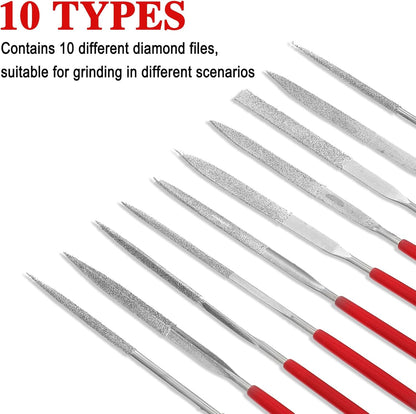 Set of mini diamond files, 10 pieces, 3 mm x 140 mm, small diamond files, mini metal files, tools for precise metalworking
