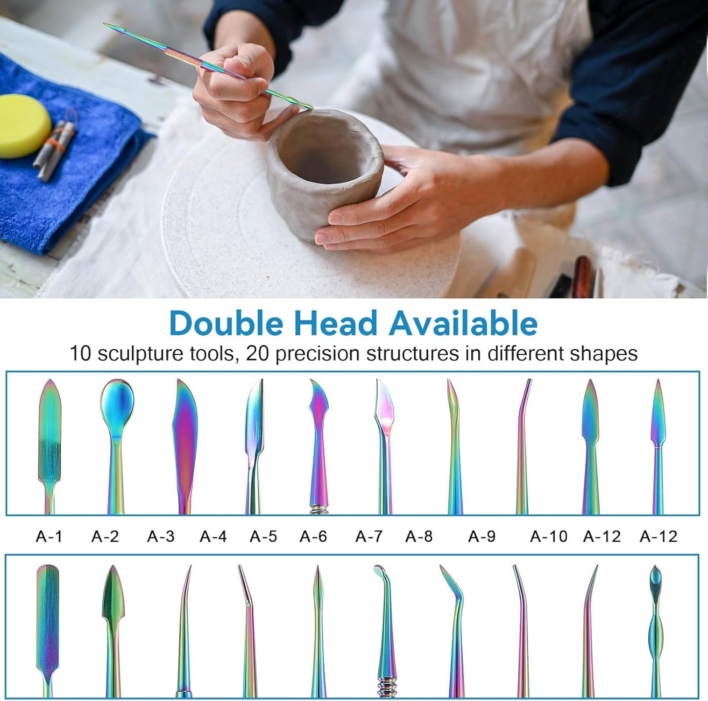 11-piece stainless steel modeling tool set, colorful double-sided carving tools