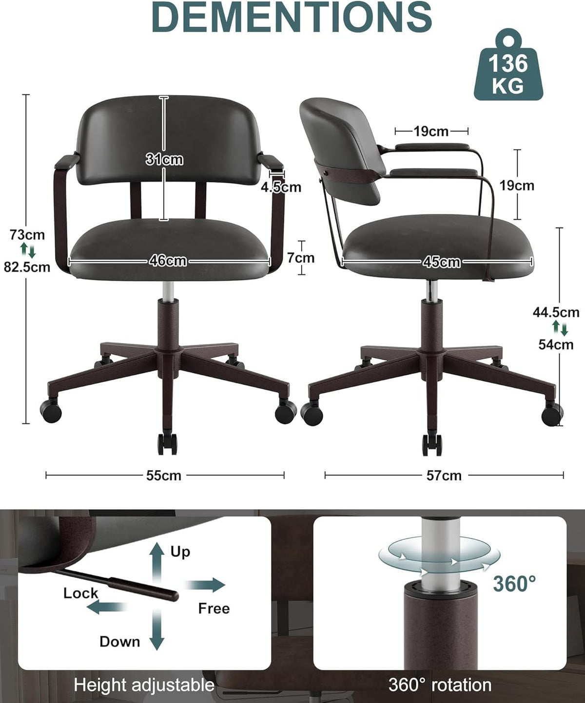 Bürostuhl Leder Aesthetic Schreibtischstuhl Ergonomisch Drehsessel mit Rollen Armlehnen Retro-Sessel Vintage