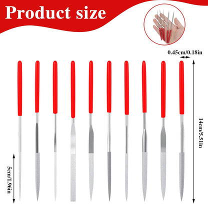 Set of mini diamond files, 10 pieces, 3 mm x 140 mm, small diamond files, mini metal files, tools for precise metalworking