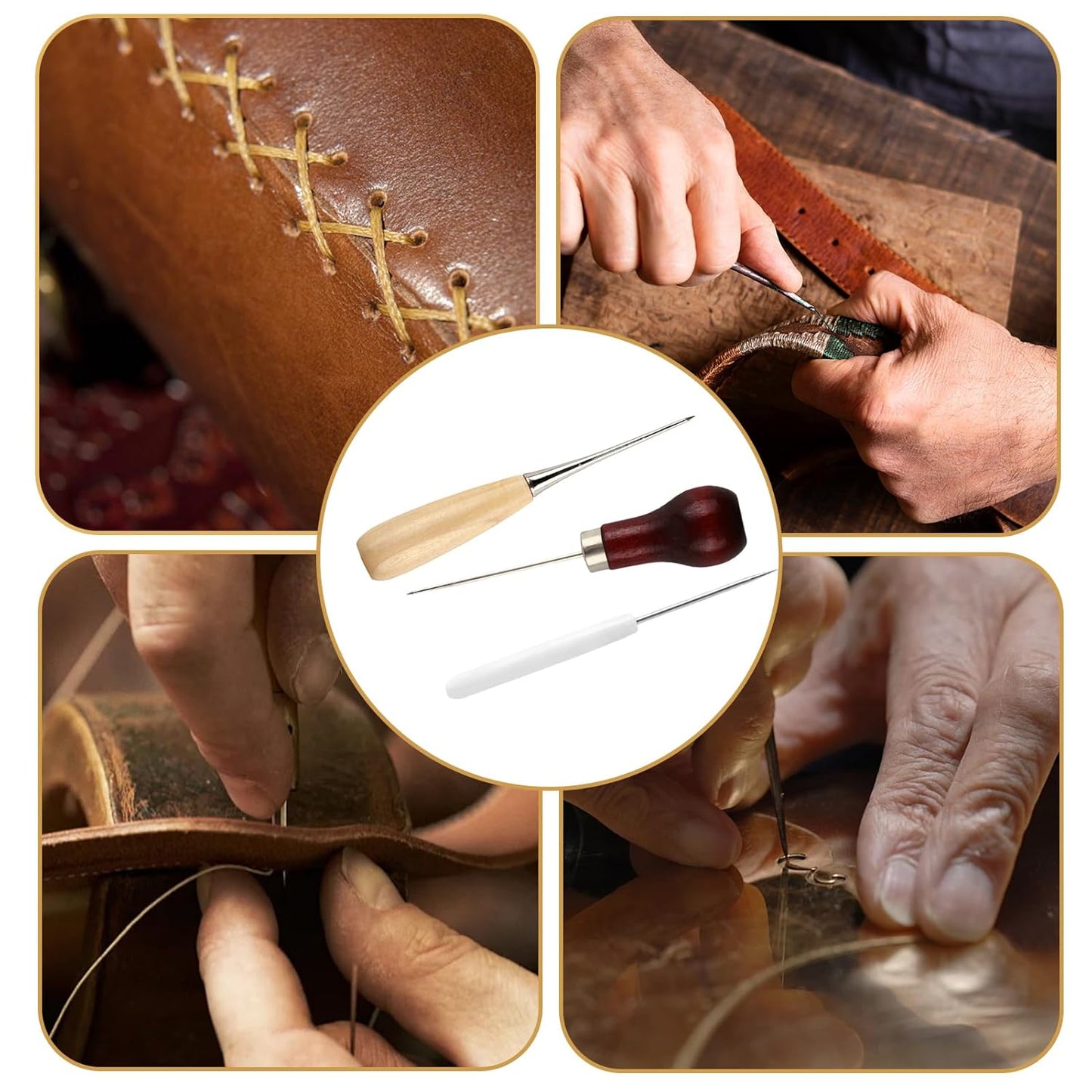 Set of 3 awls with wooden handle, leather hole punch, leather sewing tools