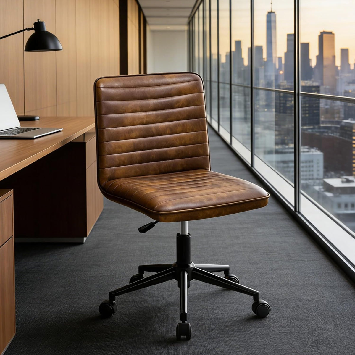 Office Chair Desk Chair Ergonomic PU Leather Swivel Chair without Armrests Height-Adjustable Home Office Chair