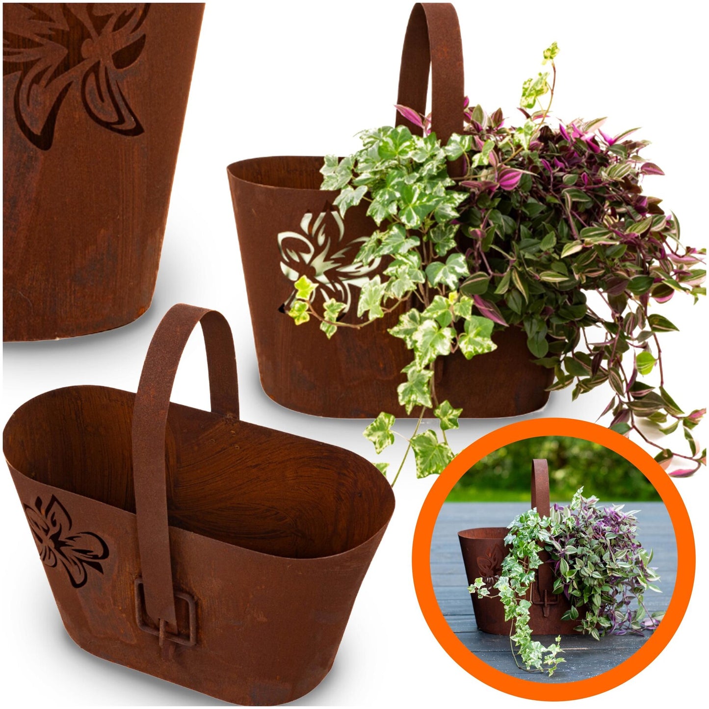 Rustic metal planter with handle, cut-out floral pattern, natural rusty finish