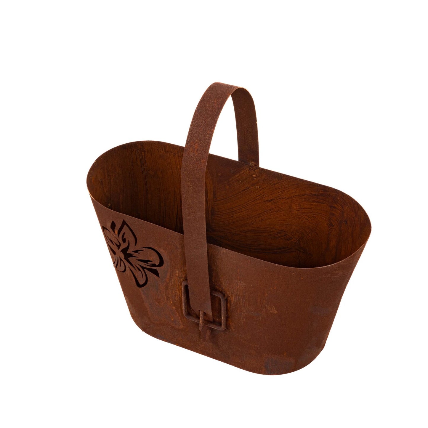 Rustic metal planter with handle, cut-out floral pattern, natural rusty finish