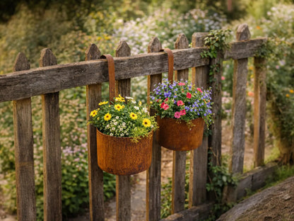 Set of 2 Garden Decorations, Rusty Hanging Planters - Decorative Metal Hanging Planters for Planting or Decorating, Rusty Garden Decoration Gift Set