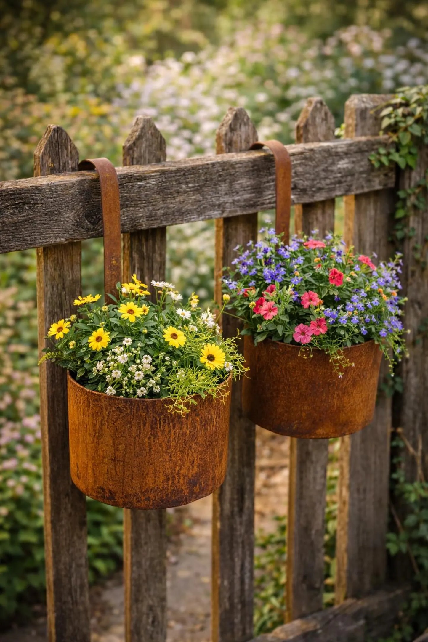 Set of 2 Garden Decorations, Rusty Hanging Planters - Decorative Metal Hanging Planters for Planting or Decorating, Rusty Garden Decoration Gift Set