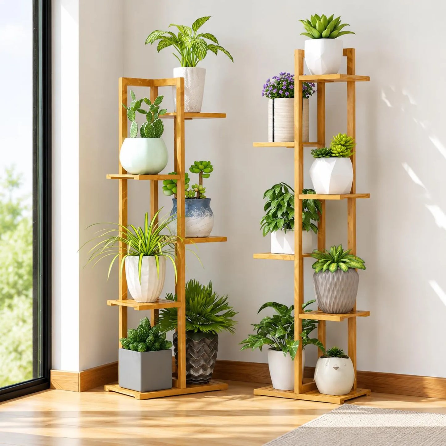6-Tier Bamboo Plant Stand, Indoor Outdoor Flower Pot Rack, Planter Shelf, Wood Corner Flower Pot Holder, Garden Balcony Patio Home Decor Storage