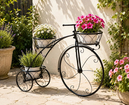 3-Tier Bicycle Plant Stand, Wrought Iron Tricycle Planter, Flower Pot Shelf, Indoor, Outdoor, Garden, Patio, Apartment Decor, Plant Display Holder