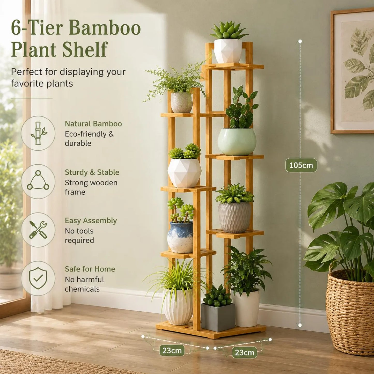 6-Tier Bamboo Plant Stand, Indoor Outdoor Flower Pot Rack, Planter Shelf, Wood Corner Flower Pot Holder, Garden Balcony Patio Home Decor Storage