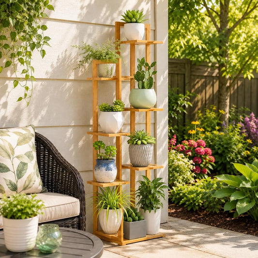 6-Tier Bamboo Plant Stand, Indoor Outdoor Flower Pot Rack, Planter Shelf, Wood Corner Flower Pot Holder, Garden Balcony Patio Home Decor Storage