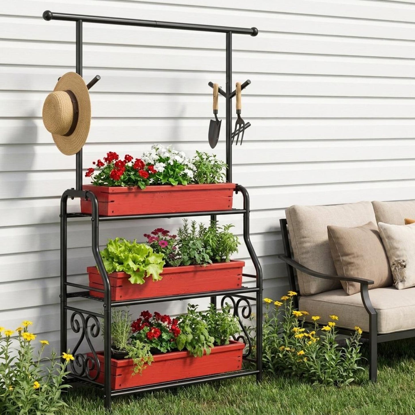 3-Tier Tall Metal Plant Stand Indoor Outdoor | Durable Plant Shelf with 5 Hooks | Large Pot Holder for Balcony Garden Patio