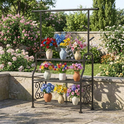 3-Tier Tall Metal Plant Stand Indoor Outdoor | Durable Plant Shelf with 5 Hooks | Large Pot Holder for Balcony Garden Patio