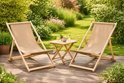 Set of 2 CHAIR loungers with padding, folding loungers, garden, wooden, for terrace, SEASIDE, beach festival, outdoor travel seat + TABLE beige
