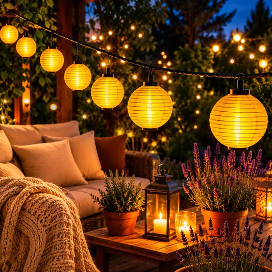 Solar Lantern String Lights Outdoor, Warm White LED Garden Lights, Waterproof Garden Garland, Japanese Lantern Lights, Garden Decorations