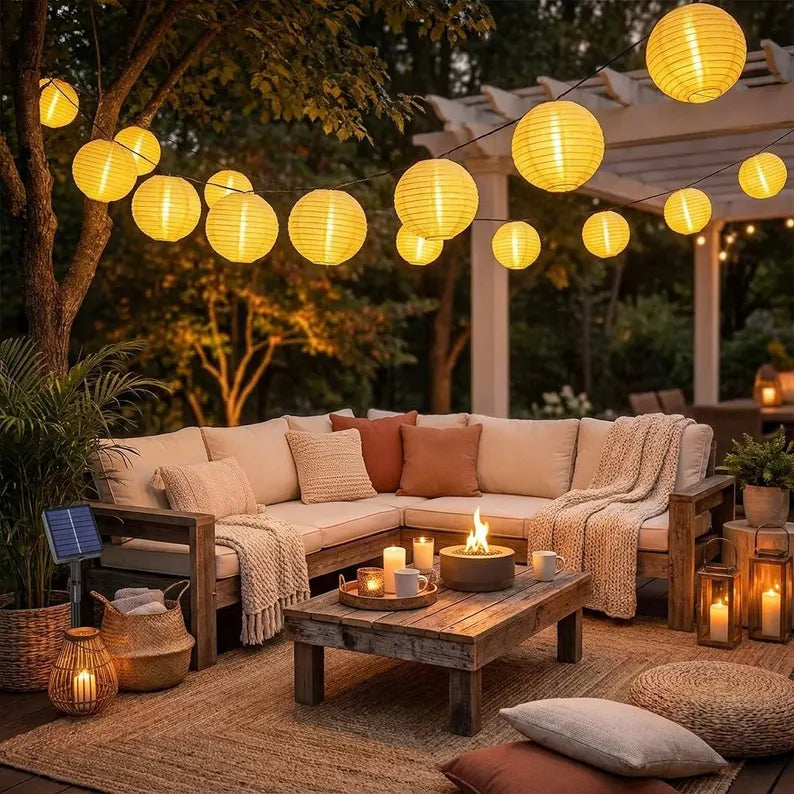 Solar Lantern String Lights Outdoor, Warm White LED Garden Lights, Waterproof Garden Garland, Japanese Lantern Lights, Garden Decorations