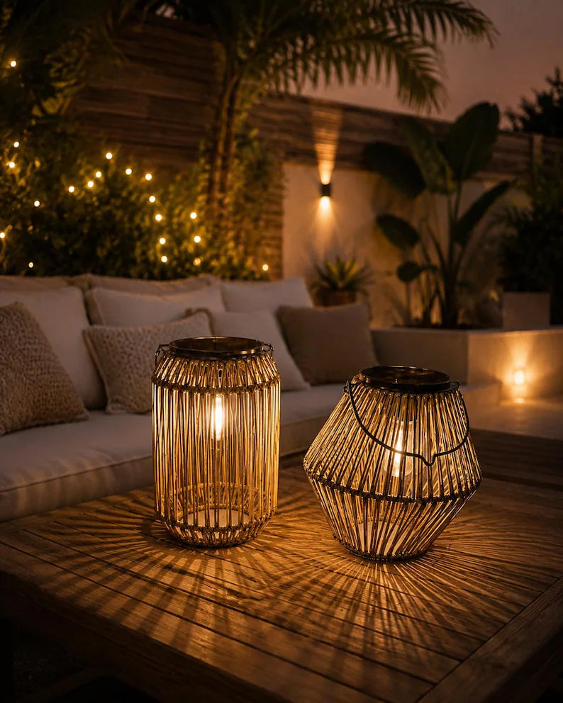 Set of Solar Rattan Lanterns – Boho Outdoor Hanging Lights for Garden, Patio and Balcony