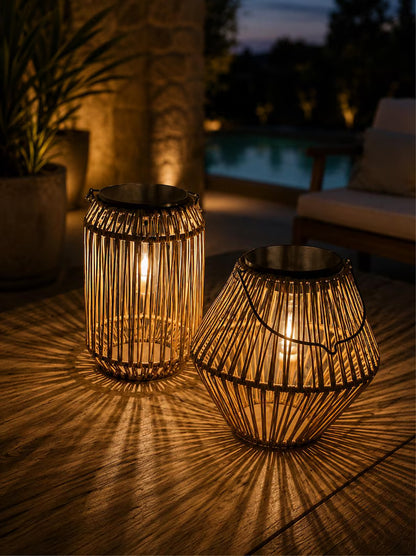 Set of Solar Rattan Lanterns – Boho Outdoor Hanging Lights for Garden, Patio and Balcony