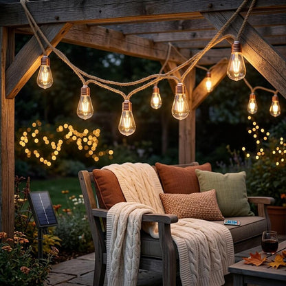 Outdoor Solar String Lights, Hemp Rope Edison Lights, Waterproof Patio Lights, Garden Fairy Lights, Pergola Decorations, Garden Lighting