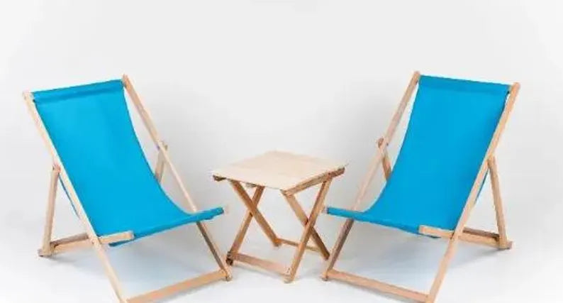 Sada 2 ležadiel CHAIR s polstrovaním, skladacie ležadlo, záhradné, drevené, na terasu, SEASIDE, plážový festival, vonkajšie cestovné sedadlo + STÔL béžový