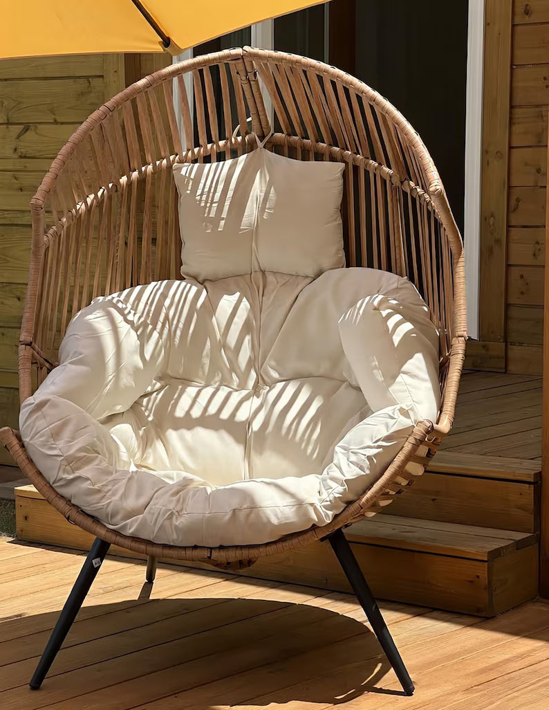 Extra-large egg-shaped wicker chair with cushion – indoor and outdoor chair, suitable for the bedroom, living room, balcony, veranda or garden