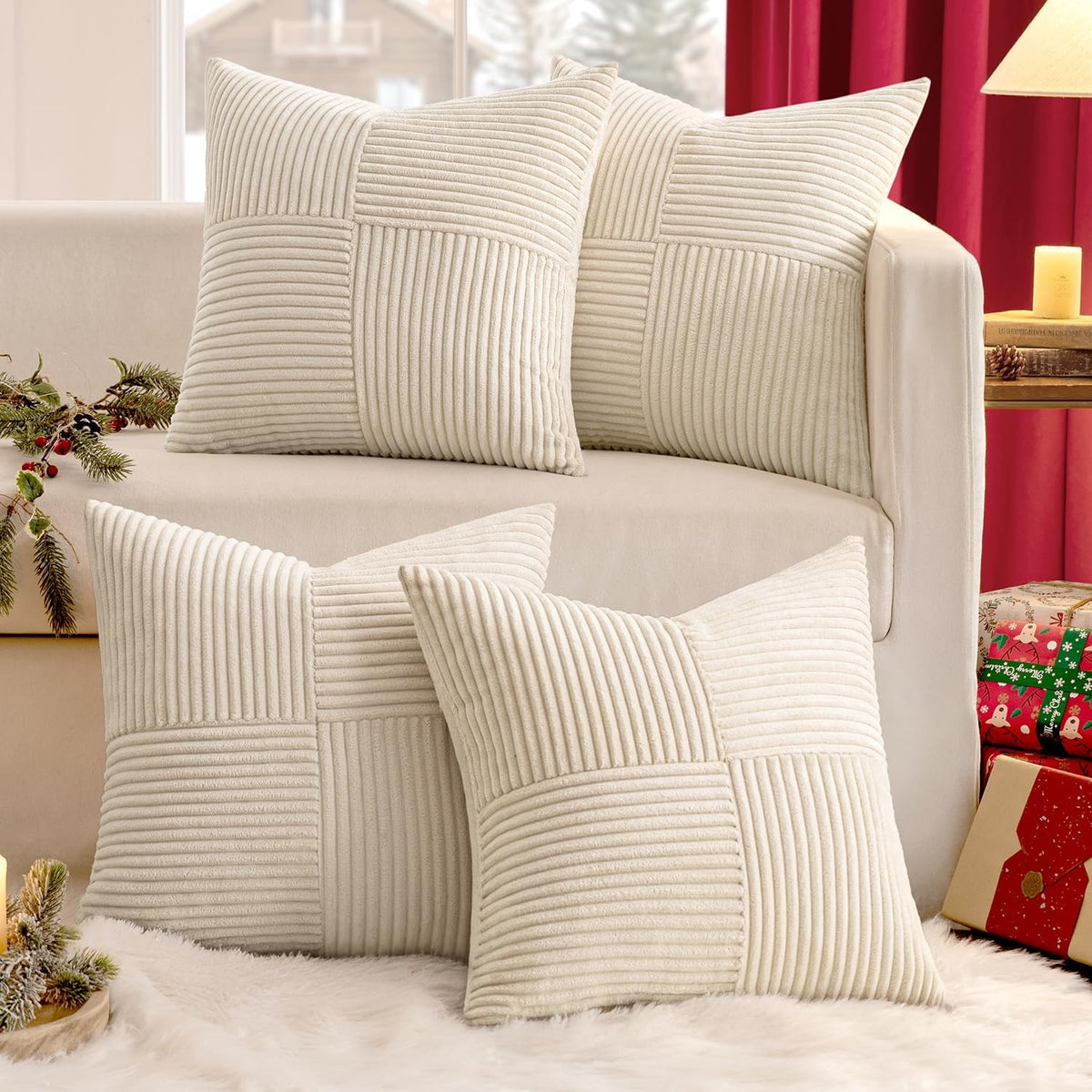 Lot de 4 housses de coussin en velours côtelé beige 40 x 40 cm